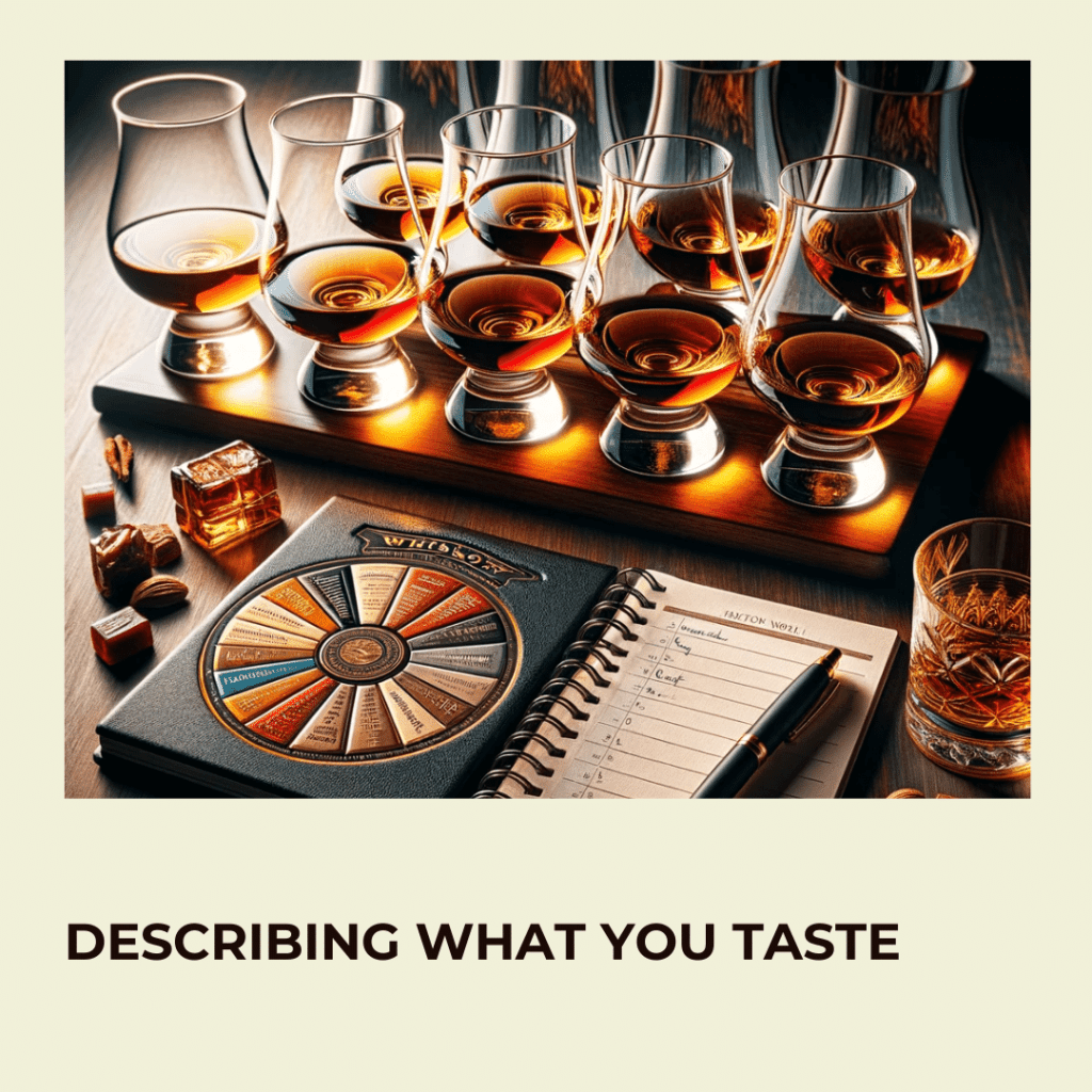 whiskey journal with food items and flavor wheel