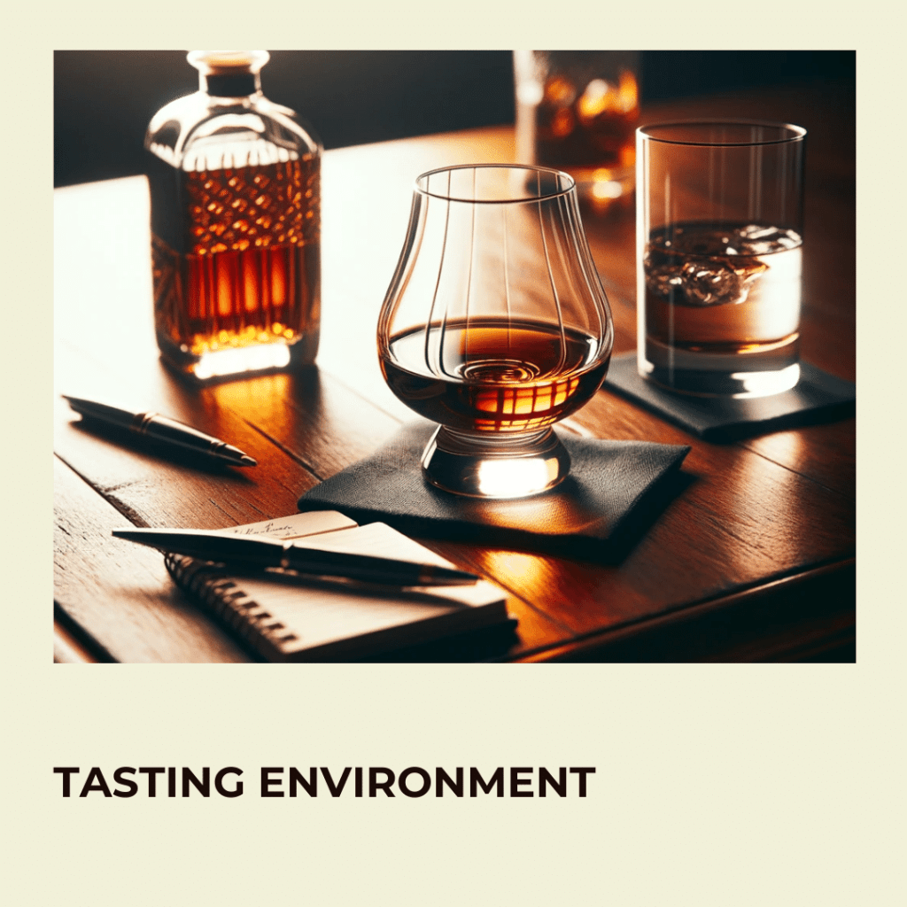 a whiskey tasting setup with whiskey, pen, water