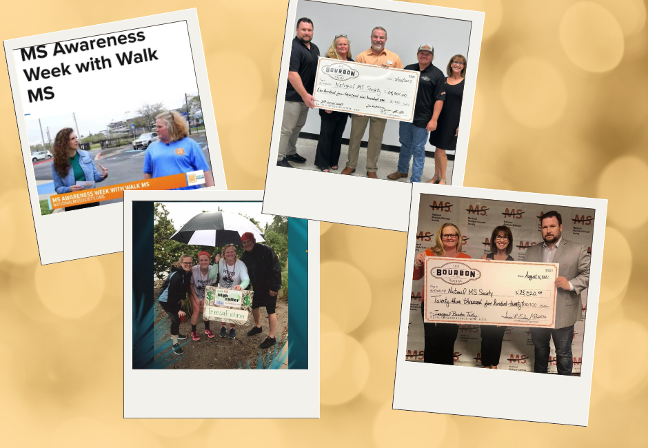 collage of pictures with Teresa Eichner being 1) interviewed, 2 pictures presented with checks for MS charity, one picture of her community award