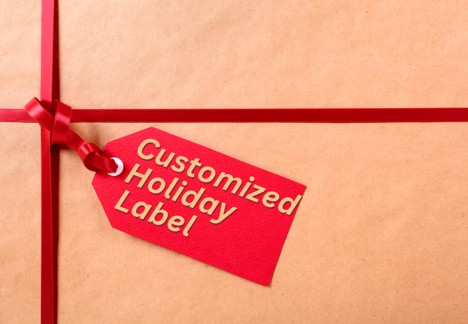 Image of the top of a gift with a label that says customized holiday label