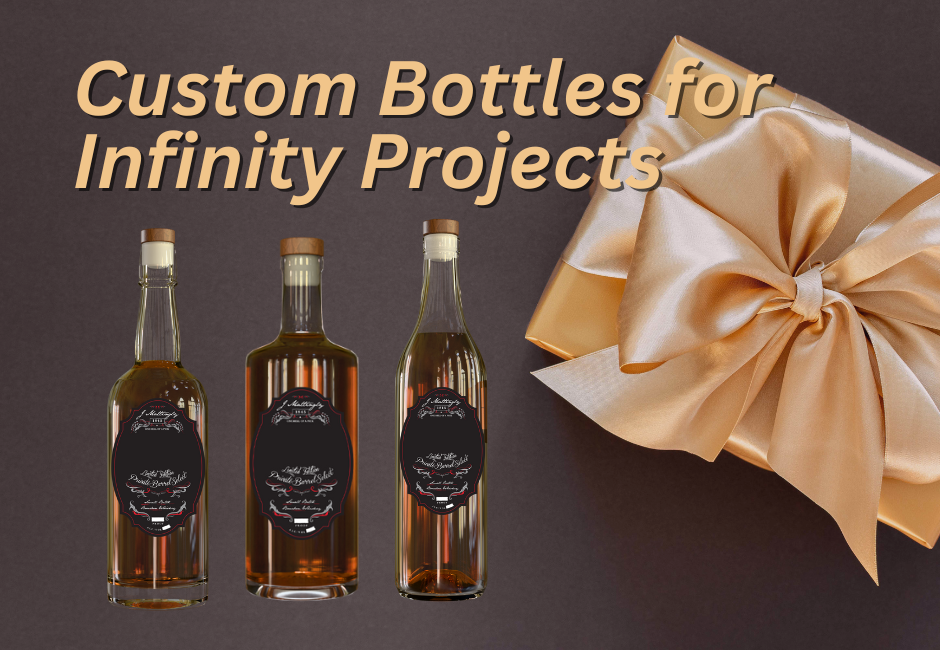 Custom Bottles for Infinity Projects overlaid on image of a gift and three bottles