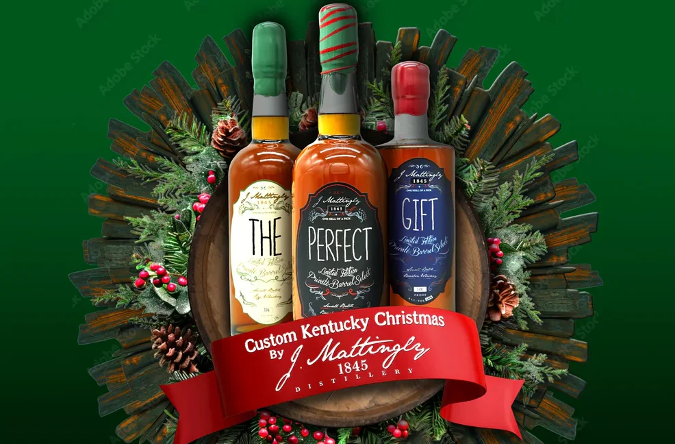 images of three j mattingly bottles against a background of green with a holiday wreath